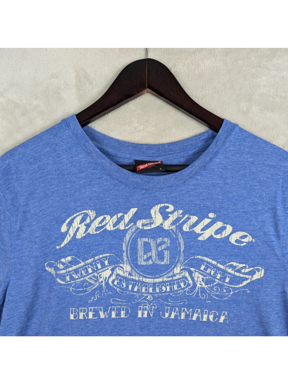 Red Stripe Beer Jamaica T Shirt Tee Men's Large Heathered Blue Grungecore
